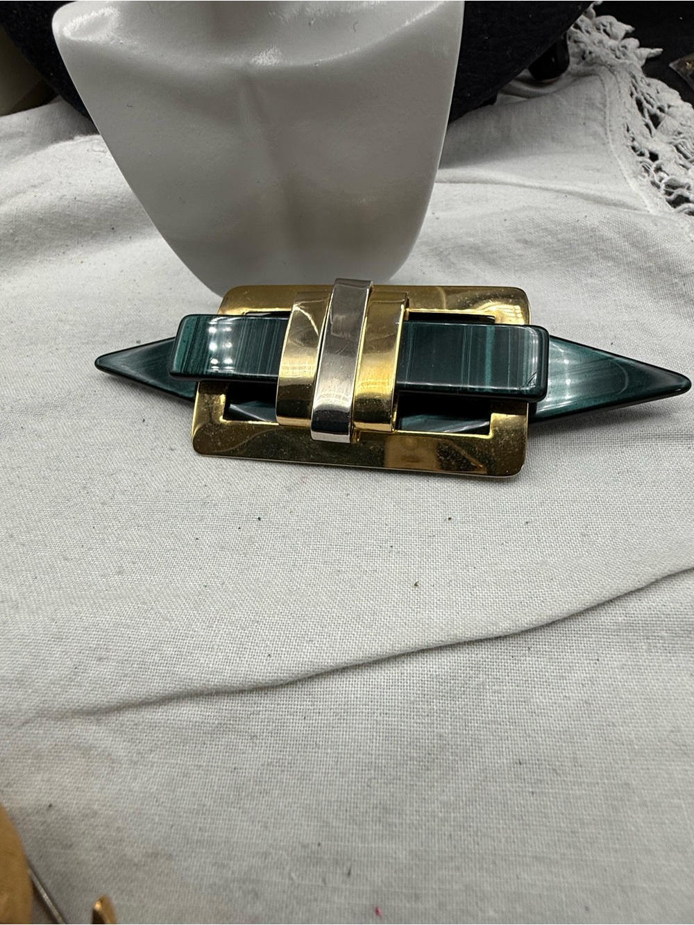 Vintage Art Deco Faux Green Malachite Geometric Gold Tone Large Brooch